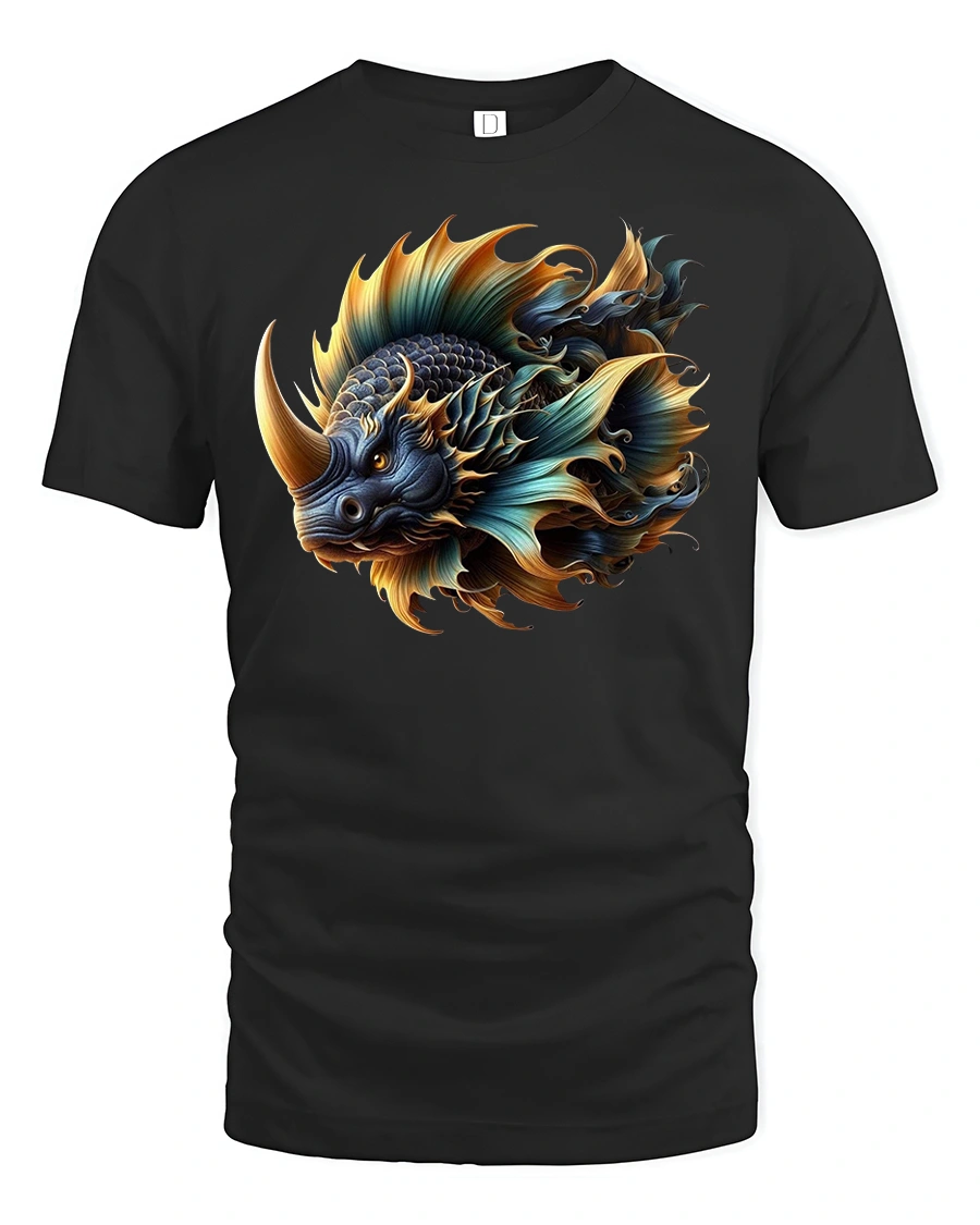 Mythic Dragon Fish Hybrid Fantasy Art Graphic T-Shirt - 1 Mythic Dragon Fish Hybrid Fantasy Art Graphic T-Shirt - black t-shirt on white background