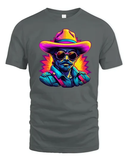 Neon Cowboy Cool Western Retro Art Graphic T-Shirt - gray t-shirt on white background