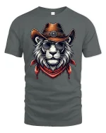 Cool Cowboy Lion Sunglasses Western Style Graphic Tee - gray t-shirt on white background