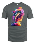 Colorful Dolphin Splash Ocean Vibe Graphic T-Shirt - gray t-shirt on white background
