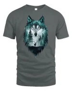 Mystic Wolf Forest Spirit Double Exposure Art Tee - gray t-shirt on white background