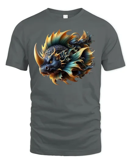 Mythic Dragon Fish Hybrid Fantasy Art Graphic T-Shirt - gray t-shirt on white background