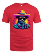 Neon Cowboy Cool Western Retro Art Graphic T-Shirt - red t-shirt on white background