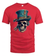 Vintage Skull Top Hat Steampunk Gothic Art T-Shirt - red t-shirt on white background