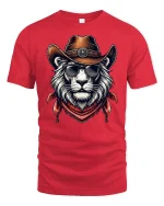 Cool Cowboy Lion Sunglasses Western Style Graphic Tee - red t-shirt on white background
