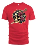 Skull and Dagger Rose Art Gothic Style Graphic T-Shirt - red t-shirt on white background