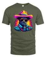 Neon Cowboy Cool Western Retro Art Graphic T-Shirt - military green t-shirt on white background