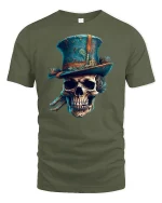 Vintage Skull Top Hat Steampunk Gothic Art T-Shirt - military green t-shirt on white background