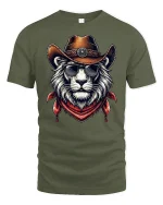 Cool Cowboy Lion Sunglasses Western Style Graphic Tee - military green t-shirt on white background