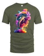 Colorful Dolphin Splash Ocean Vibe Graphic T-Shirt - military green t-shirt on white background