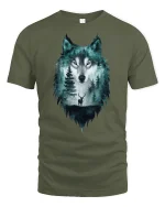 Mystic Wolf Forest Spirit Double Exposure Art Tee - military green t-shirt on white background