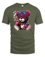 Cool Smoking Bear Hip Hop Streetwear Graphic T-Shirt - military green t-shirt on white background
