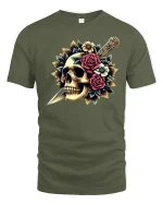 Skull and Dagger Rose Art Gothic Style Graphic T-Shirt - military green t-shirt on white background