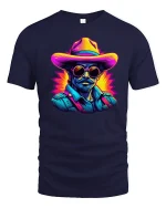 Neon Cowboy Cool Western Retro Art Graphic T-Shirt - navy t-shirt on white background