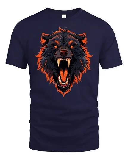 Fierce Wild Bear Head Fire Art Graphic T-Shirt - navy t-shirt on white background