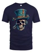 Vintage Skull Top Hat Steampunk Gothic Art T-Shirt - navy t-shirt on white background