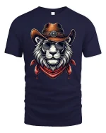Cool Cowboy Lion Sunglasses Western Style Graphic Tee - navy t-shirt on white background