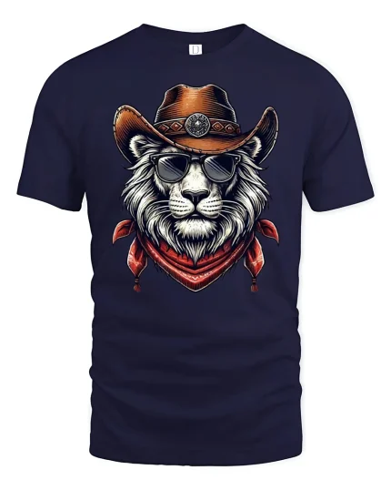 Cool Cowboy Lion Sunglasses Western Style Graphic Tee - navy t-shirt on white background