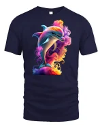 Colorful Dolphin Splash Ocean Vibe Graphic T-Shirt - navy t-shirt on white background