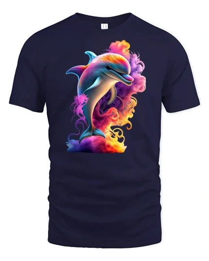 Colorful Dolphin Splash Ocean Vibe Graphic T-Shirt - navy t-shirt on white background