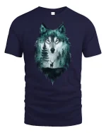 Mystic Wolf Forest Spirit Double Exposure Art Tee - navy t-shirt on white background