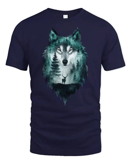 Mystic Wolf Forest Spirit Double Exposure Art Tee - navy t-shirt on white background