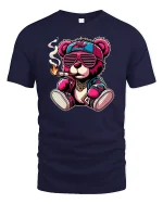 Cool Smoking Bear Hip Hop Streetwear Graphic T-Shirt - navy t-shirt on white background