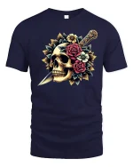 Skull and Dagger Rose Art Gothic Style Graphic T-Shirt - navy t-shirt on white background
