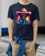 Neon Cowboy Cool Western Retro Art Graphic T-Shirt - model wearing Navy T-shirt, hands in pockets, denim shirt at waist