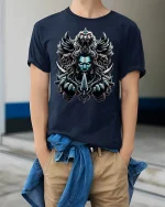 Warrior Spirit Lion Power Mythic Warrior Graphic Tee - model wearing Navy T-shirt, hands in pockets, denim shirt at waist