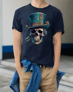 Vintage Skull Top Hat Steampunk Gothic Art T-Shirt - model wearing Navy T-shirt, hands in pockets, denim shirt at waist