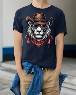 Cool Cowboy Lion Sunglasses Western Style Graphic Tee - model wearing Navy T-shirt, hands in pockets, denim shirt at waist