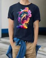 Colorful Dolphin Splash Ocean Vibe Graphic T-Shirt - model wearing Navy T-shirt, hands in pockets, denim shirt at waist