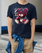 Cool Smoking Bear Hip Hop Streetwear Graphic T-Shirt - model wearing Navy T-shirt, hands in pockets, denim shirt at waist