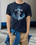 Blue Ocean Anchor Nautical Style Sea Lover T-Shirt - model wearing Navy T-shirt, hands in pockets, denim shirt at waist