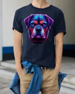 Neon Rottweiler Head Glow Art Dog Lover Graphic Tee - model wearing Navy T-shirt, hands in pockets, denim shirt at waist