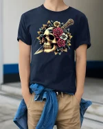 Skull and Dagger Rose Art Gothic Style Graphic T-Shirt - model wearing Navy T-shirt, hands in pockets, denim shirt at waist