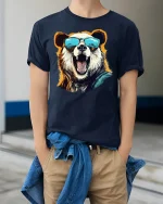 Cool Bear With Shades Summer Vibe Funny Graphic T-Shirt - model wearing Navy T-shirt, hands in pockets, denim shirt at waist