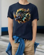 Mythic Dragon Fish Hybrid Fantasy Art Graphic T-Shirt - model wearing Navy T-shirt, hands in pockets, denim shirt at waist