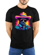 Neon Cowboy Cool Western Retro Art Graphic T-Shirt - model with hands behind back, wearing Black T-shirt and blue jeans