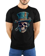 Vintage Skull Top Hat Steampunk Gothic Art T-Shirt - model with hands behind back, wearing Black T-shirt and blue jeans