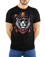 Cool Cowboy Lion Sunglasses Western Style Graphic Tee - model with hands behind back, wearing Black T-shirt and blue jeans