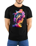 Colorful Dolphin Splash Ocean Vibe Graphic T-Shirt - model with hands behind back, wearing Black T-shirt and blue jeans