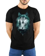 Mystic Wolf Forest Spirit Double Exposure Art Tee - model with hands behind back, wearing Black T-shirt and blue jeans