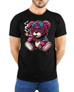 Cool Smoking Bear Hip Hop Streetwear Graphic T-Shirt - model with hands behind back, wearing Black T-shirt and blue jeans