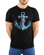 Blue Ocean Anchor Nautical Style Sea Lover T-Shirt - model with hands behind back, wearing Black T-shirt and blue jeans