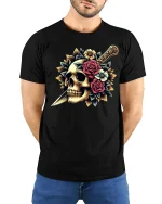 Skull and Dagger Rose Art Gothic Style Graphic T-Shirt - model with hands behind back, wearing Black T-shirt and blue jeans