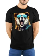 Cool Bear With Shades Summer Vibe Funny Graphic T-Shirt - model with hands behind back, wearing Black T-shirt and blue jeans