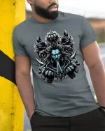 Warrior Spirit Lion Power Mythic Warrior Graphic Tee - model leaning on yellow-black pole, wearing Gray T-shirt, hand in pocket