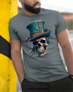 Vintage Skull Top Hat Steampunk Gothic Art T-Shirt - model leaning on yellow-black pole, wearing Gray T-shirt, hand in pocket